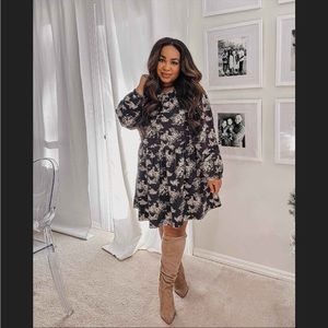 NWT Universal Thread Balloon Long Sleeve Corduroy Shift Dress Black Floral